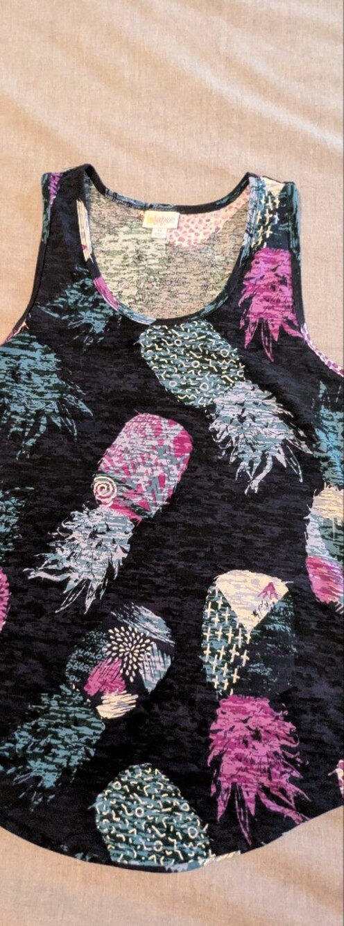 LuLaRoe Black Tank Top with Purple & Teal Pineapple Print